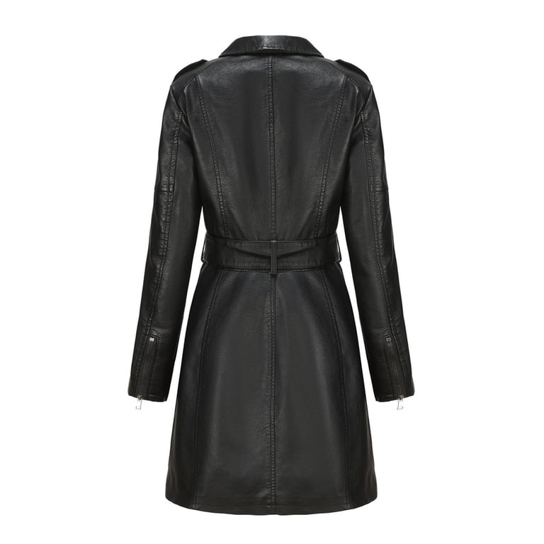 Mid Length Faux PU Leather Trench Coat for Women Long Sleeve Zip