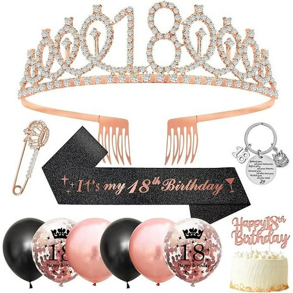 18th Birthday Gifts for Girls,18th Birthday Sash and Tiara Girls 18th Birthday Decorations,Tiara Rhinestone Crown,Glitter Sash,Black Rose Gold Balloons,Cake Topper,Keyring for Happy 18 Party Favor