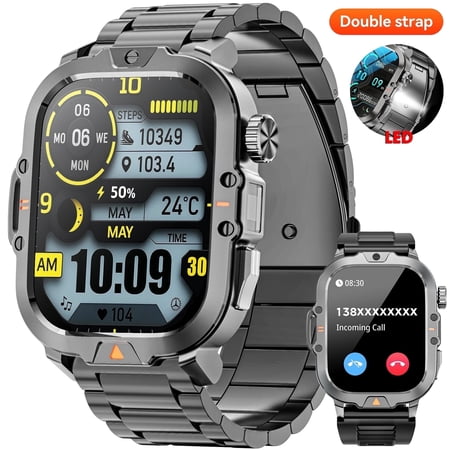 2.01-inch Military Smartwatch for Men with Fitness Tracker, Answer/Call/100+ Sport Modes, IP68 Waterproof, Hiking Travel Pedometer Watch compatible with Android IPhone Devices (Steel Band)