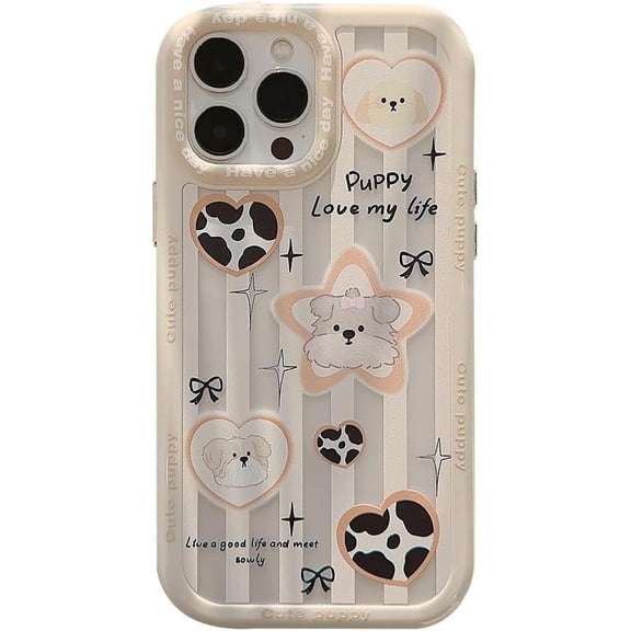 Cute Cartoon Puppy Star Love Heart Bow White Stripe Hard Phone Case Compatible with iPhone Case (White,iPhone 14)
