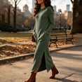 thumbnail image 7 of Ashirexll Casual Dresses for Women Winter Knit Long Sleeve Round Neck Solid Color Sweater Dress with Side Pockets and Side Slit Hem, 7 of 7