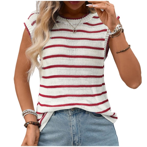 ABATAB Womens Short Sleeve Sweater Spring Summer Crewneck Striped Pullover Casual Fashion Cap Sleeve Knit Vest Tops Clothes