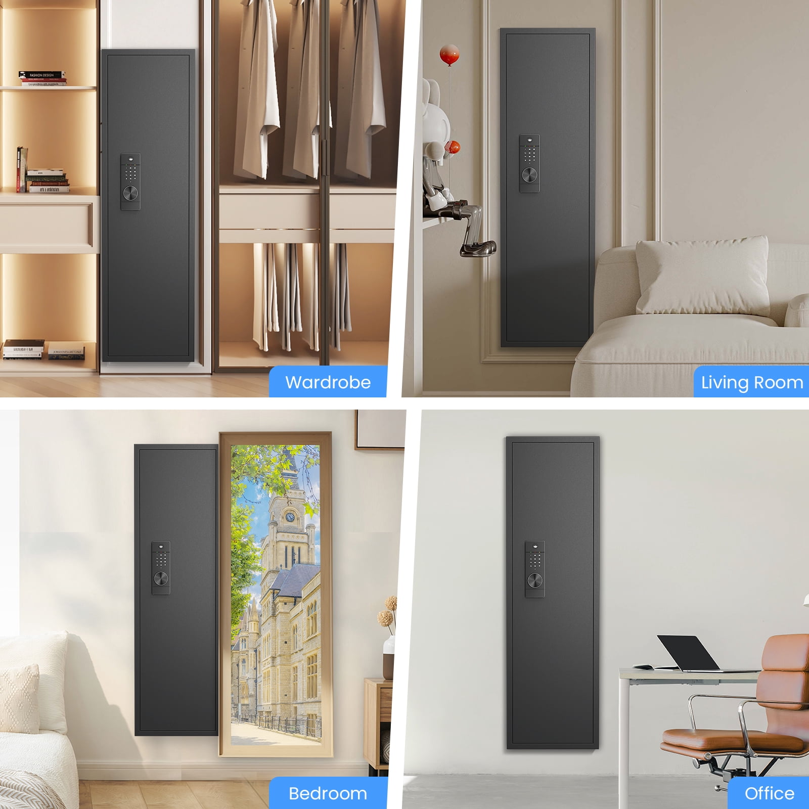 【2026 NEW】Wall Gun Safe, Digital Wall Safe Between the Studs with Dual Alarm ＆ Mute Mode, Hidden Wall Gun Safe for Pistols with Adjustable Shelves, Magnetic Gun Support & Key Hook
