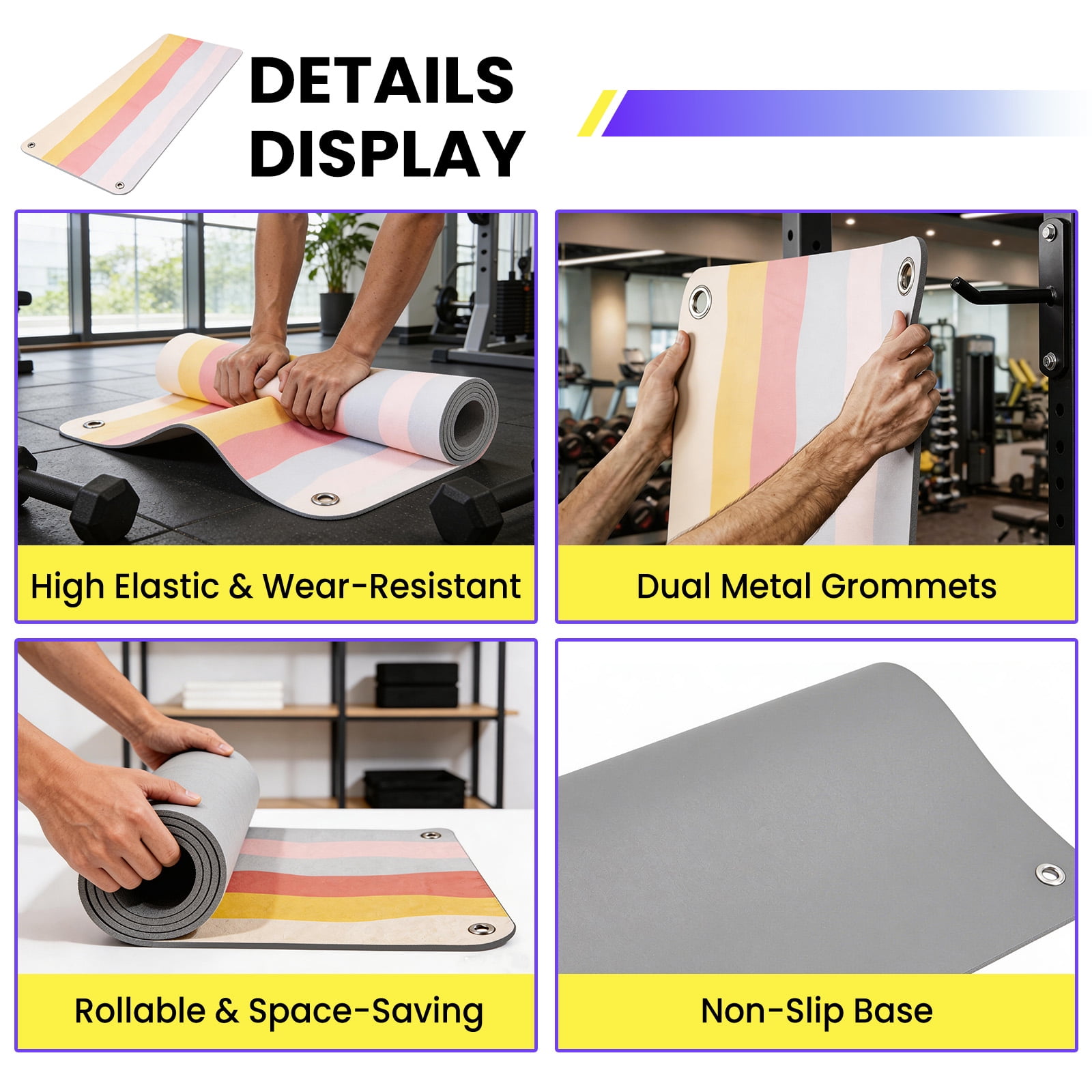 MAROUTE Commercial Grade Hanging Exercise Mat – Durable 5mm Thick PVC Yoga & Workout Mat with Reinforced Holes – Ideal for Home Gym, Pilates, Stretching, Group Fitness – Black