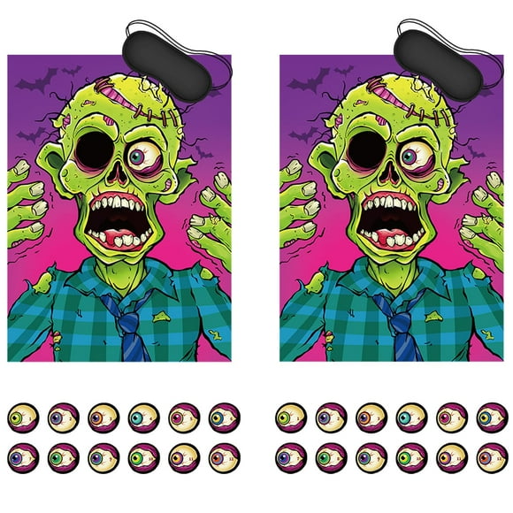 Pin the Eyeball on The Zombie Halloween Party Game Set of 2, Pin the Tail Games Halloween Party Favors, Zombie Game Poster with Eyeball Stickers and Blindfold for Kids Birthday Party Supplies
