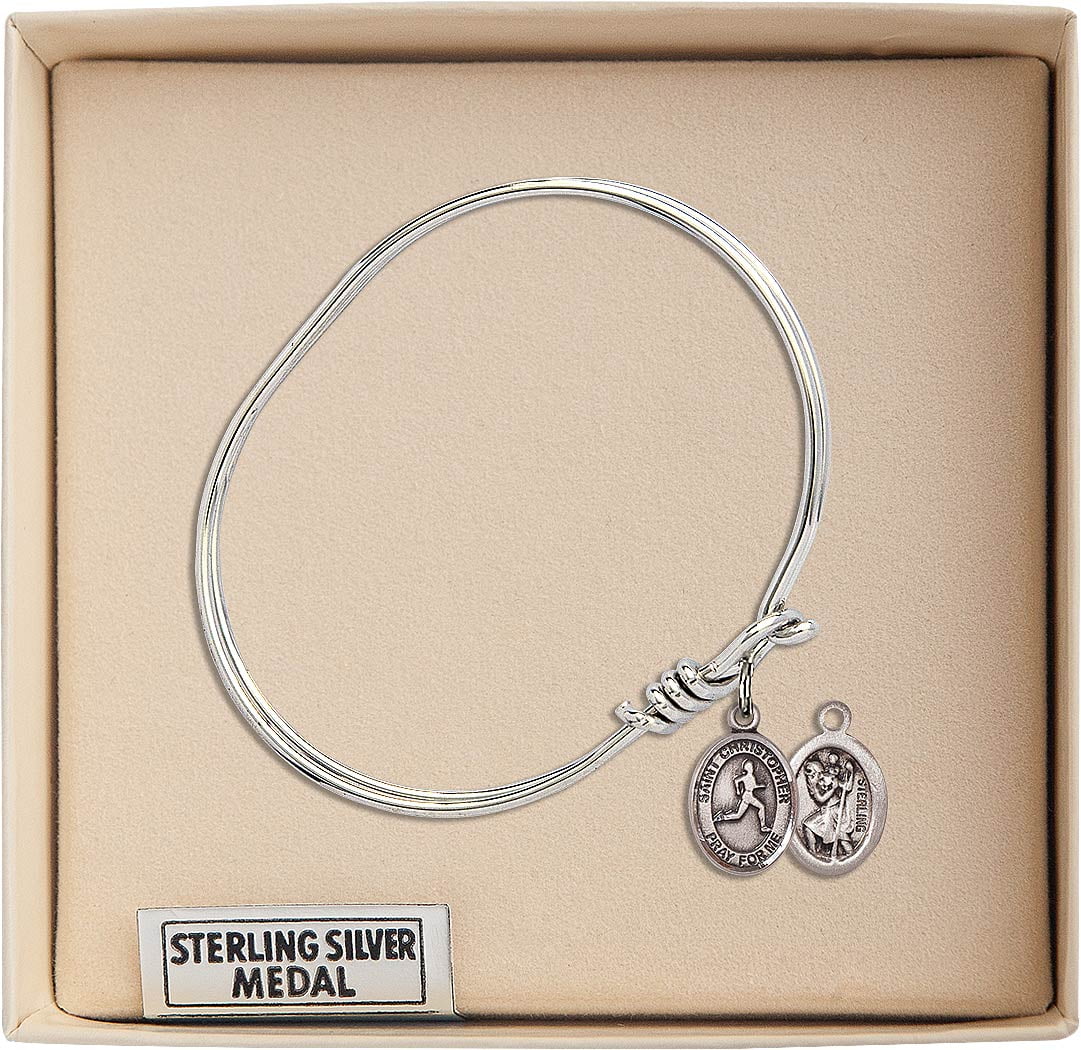 5 3/4 inch Oval Eye Hook Bangle Bracelet w/ St. Christopher/Track & Field in Sterling Silver