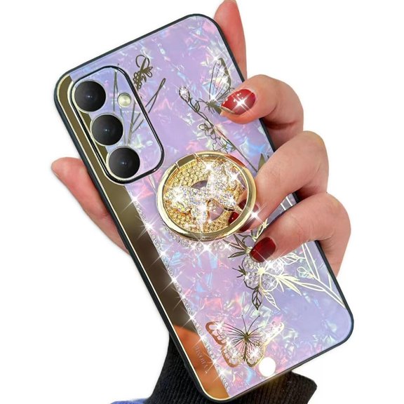 for Samsung Galaxy S24 FE Glitter Kickstand Case,Cute Bling Marble Conch Floral Butterfly with Ring Stand Mirror Elegant Shockproof Protective Cover for Girls Women for Galaxy S24 FE (Purple)