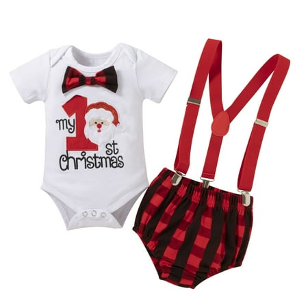 

QWERTYU Newborn Infant Baby Toddler Boy 2PCS Christmas Summer Bodysuit and Plaid Suspender Shorts Set Clothes Set Outfits Short Sleeve 0-2Y Red 100