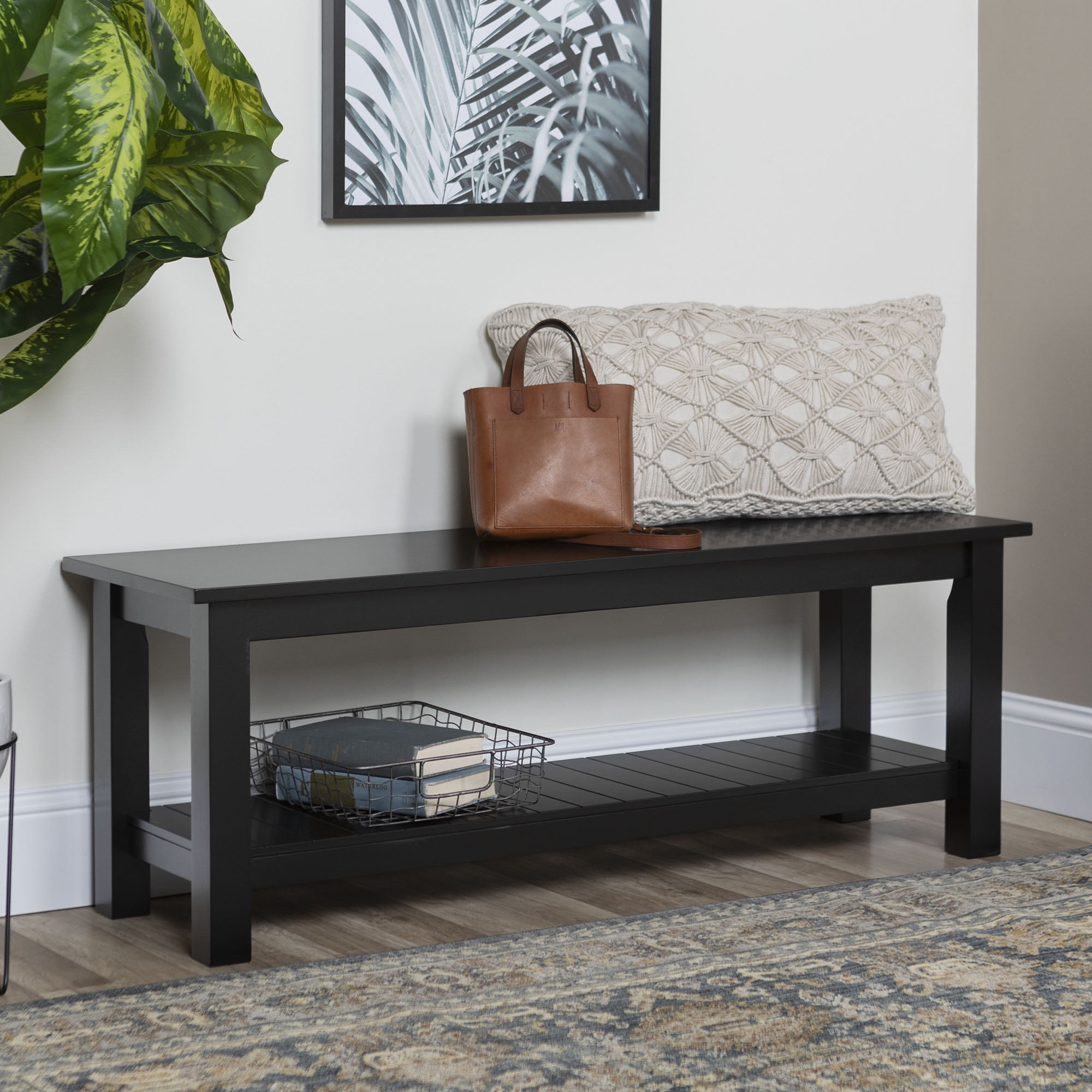 Walker Edison Country Entry Bench With Slatted Shelf Black