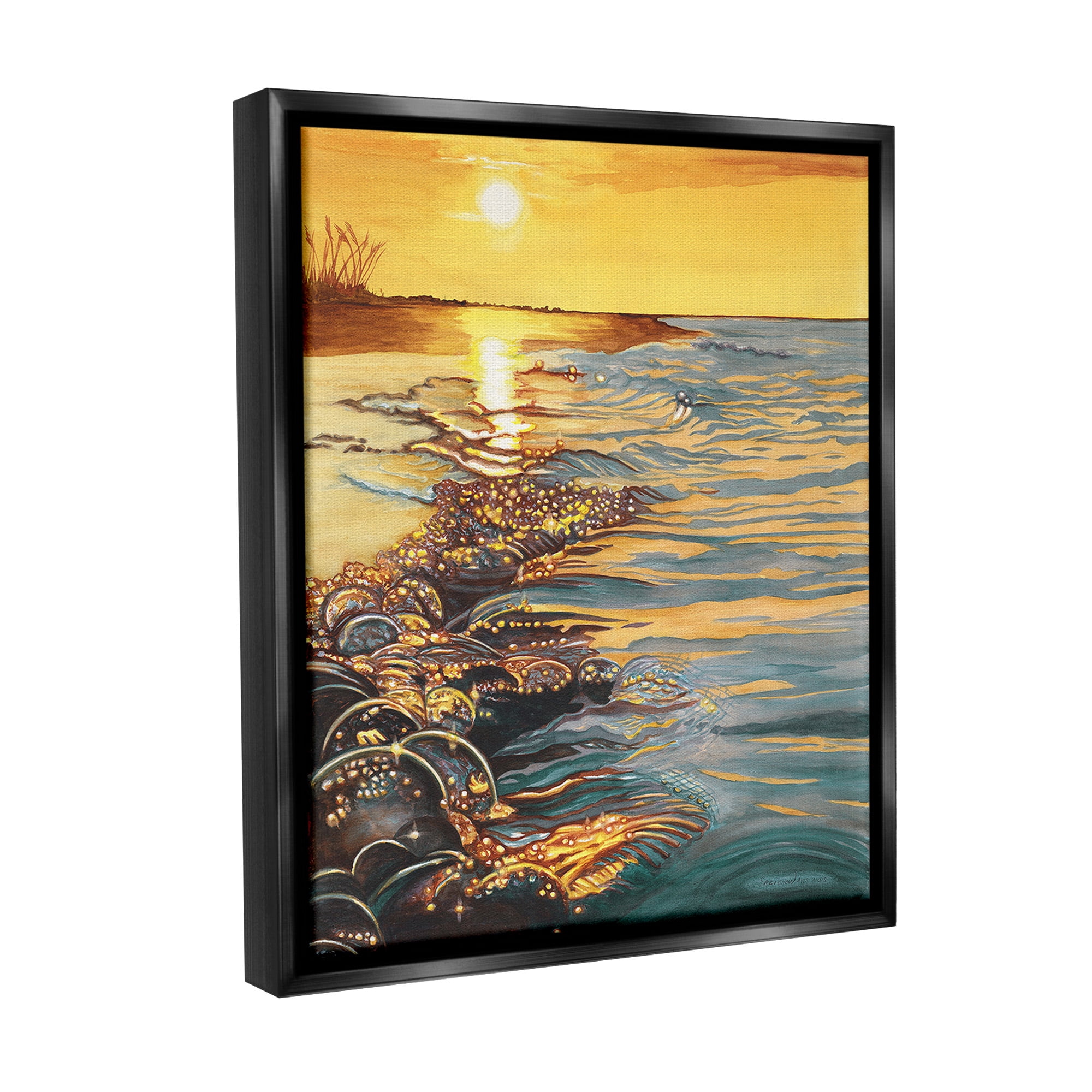 Stupell Industries Sunset over Beach Ripples Landscape Painting Black Floater Framed Canvas Art Print Wall Art, 17 x 21