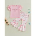 thumbnail image 4 of Kids Toddler Girl Summer Outfits 12 18 24 Months 2T 3T 4T 5T Letter Embroidery Ruffles Short Sleeves T-Shirt and Elastic Bow Flare Pants Cute Clothes, 4 of 9