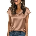 thumbnail image 2 of Women Silk Satin Tops Short Sleeve Blouse V Neck Shirts Business Casual Outfits Champagne XL, 2 of 5