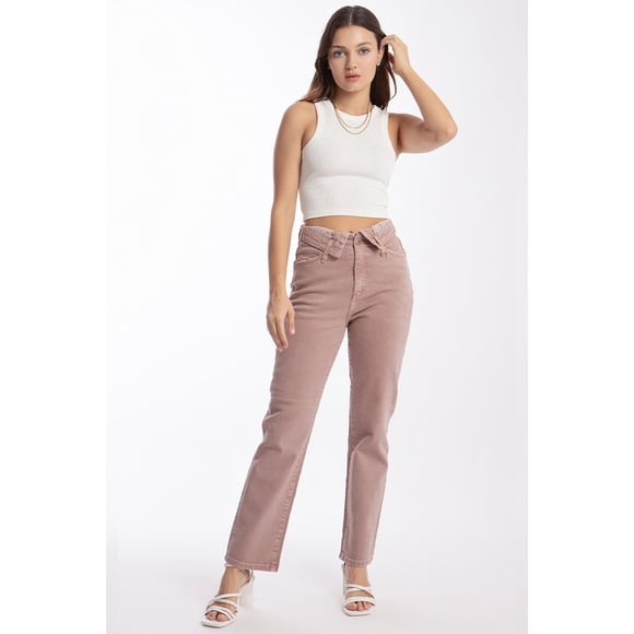 Jeans Roman Fashion Cintura Doblada Palo de Rosa Rosa Claro
