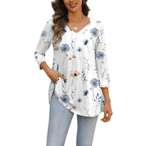 Weardear Womens V Neck 3/4 Sleeve Dressy Blouses Casual Loose Fit Tunic Tops Boho Business Blouses