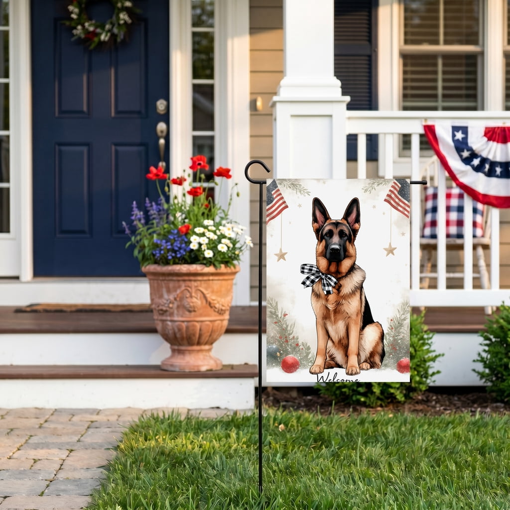 250 garden flag a german shepherd dog sitting in front of a christmas tree Welcome july fourth 28x40 Inch Vertical Banner americana home decor