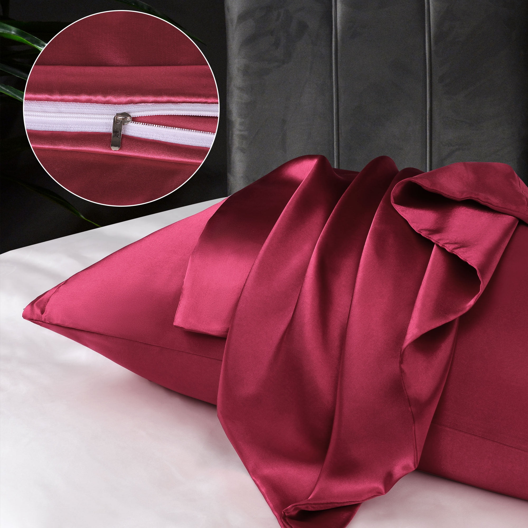 Unique Bargains Satin Set of 2 Zipper Closure Pillowcases Burgundy 20"x30"