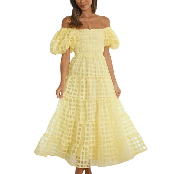Women 2023 Off Shoulder Summer Midi Dress Puffy Short Sleeve Square Neck Smocked Gingham Tulle Tiered Ruffle Dresses