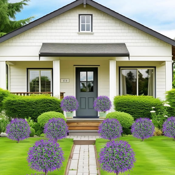 27.5" Artificial Lavender Boxwood Topiary Ball Trees Set of 2 with Ground Spike  Faux Evergreen for Outdoor Garden Decor