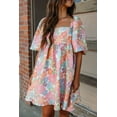thumbnail image 2 of Women's Pink Summer Floral Square Neck Puff Sleeve Babydoll Dress, 2 of 8
