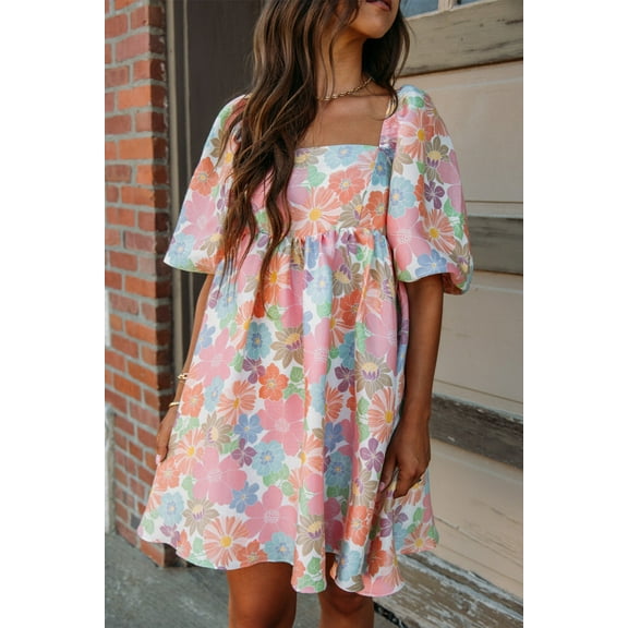 Redhotype Chic Pink Floral Mini Dress - Square Neck Puff Sleeve