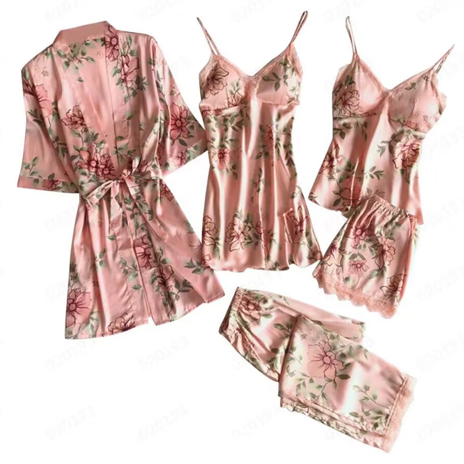 BONIXOOM Pajamas For Women Thanksgiving Pajamas Loungewear Belt Short Sleeve Sleepwear Sets Solid Pink XXL