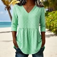 thumbnail image 2 of Qgtaibl Womens Plaid Babydoll Blouse Casual V Neck 3/4 Length Sleeve Cotton Shirts Loose Fit Flowy Pleated Tunic Tops Green L, 2 of 7