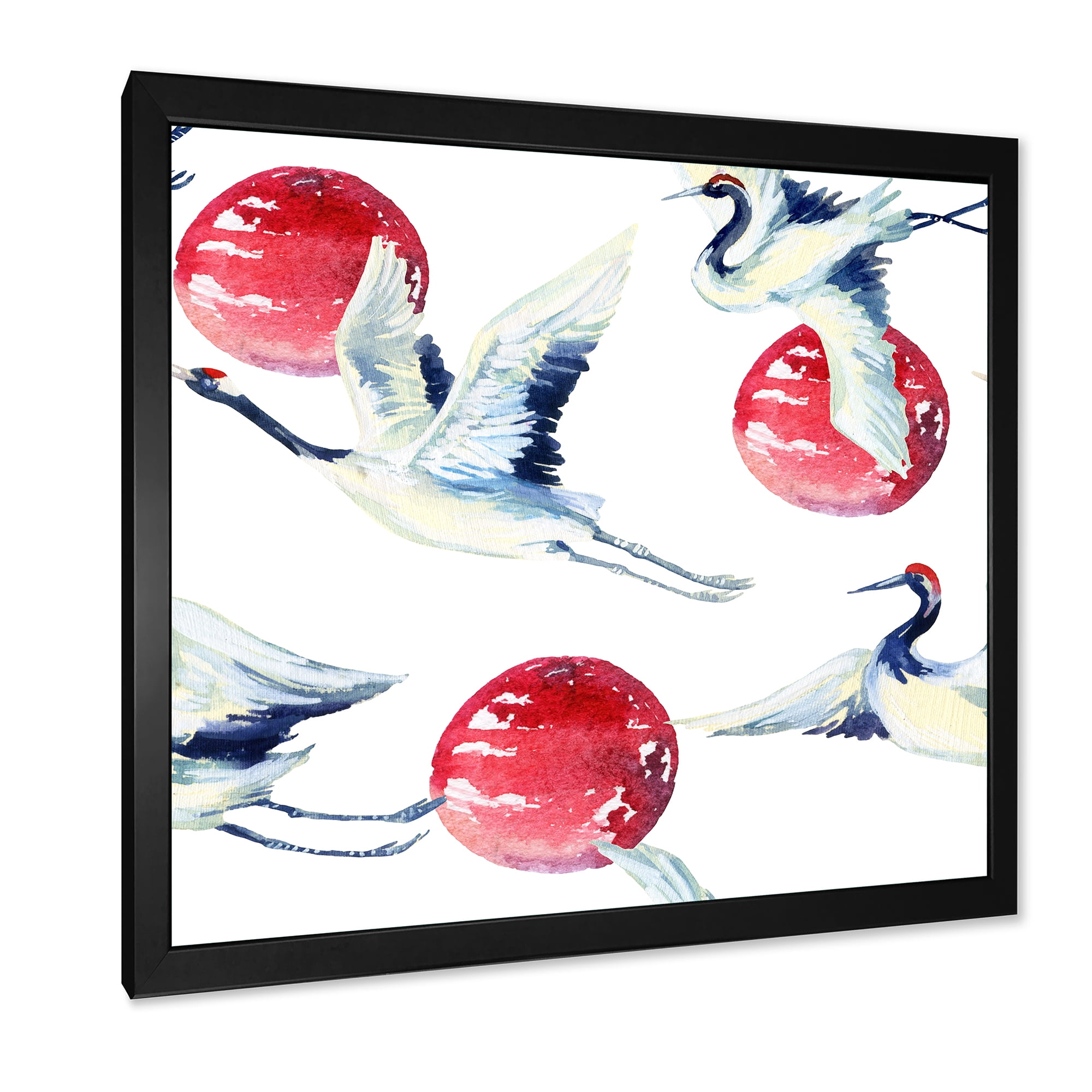 Designart 'Red Full Moon With Asian Crane Bird' Traditional Framed Art Print