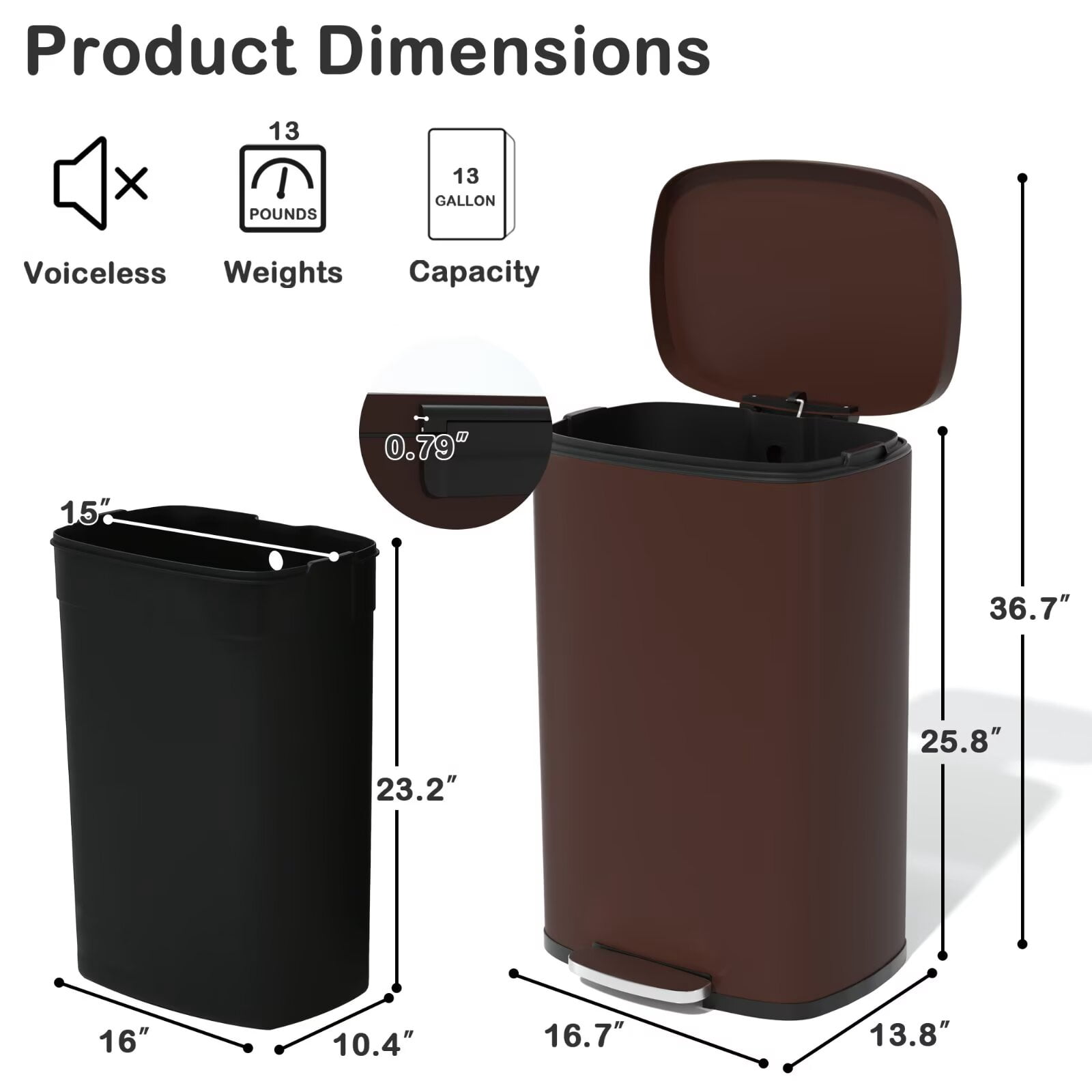 YRLLENSDAN 50 Liter/13 Gallon Stainless Steel Trash Can, Garbage Can with Lid and Removable Inner Bucket, Fingerprint Proof Trash Bin for Bathroom Kitchen Bedroom Office, Brown
