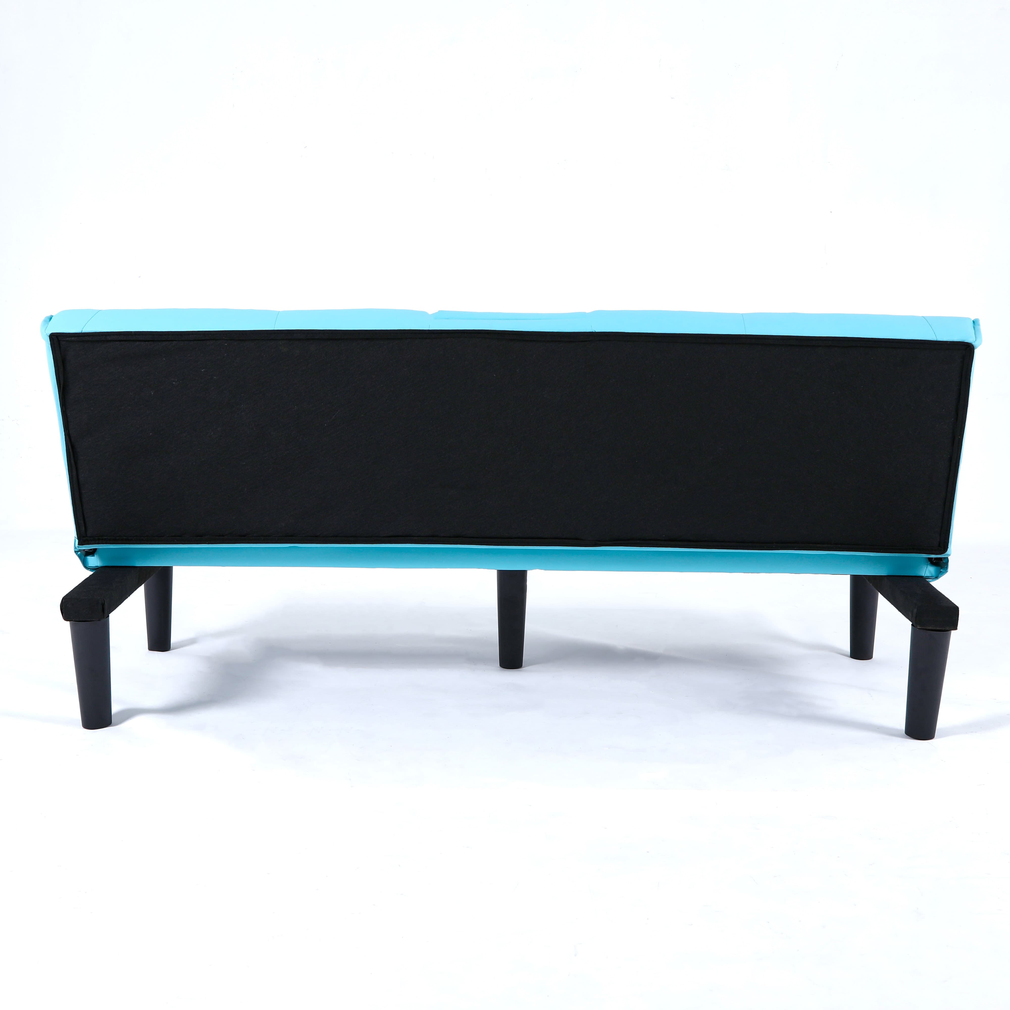 MAYEERTY 67" Convertible Sofa Bed PVC Loveseat Sofa with Cup Holder for Apartment, Living Room, Small Space, Blue