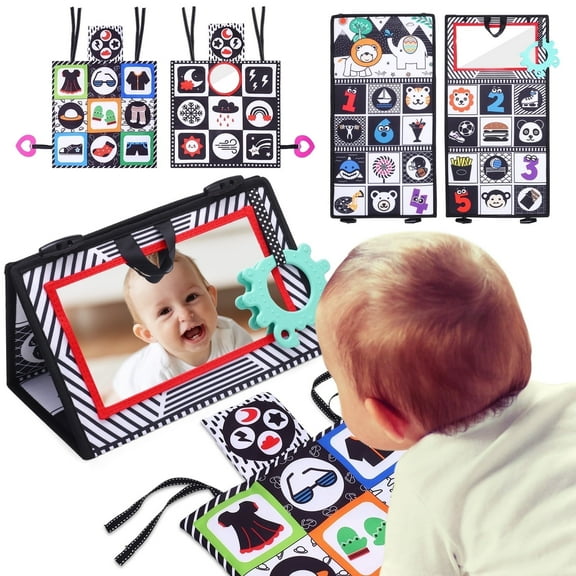 KABOER 2 Pack Tummy Mirror Soft Books, Black and White High Contrast Baby Toys for Newborn, Baby Visual Stimulation Mirror, Sensory Crinkle Toy for Infant 0-3-6-12 Months