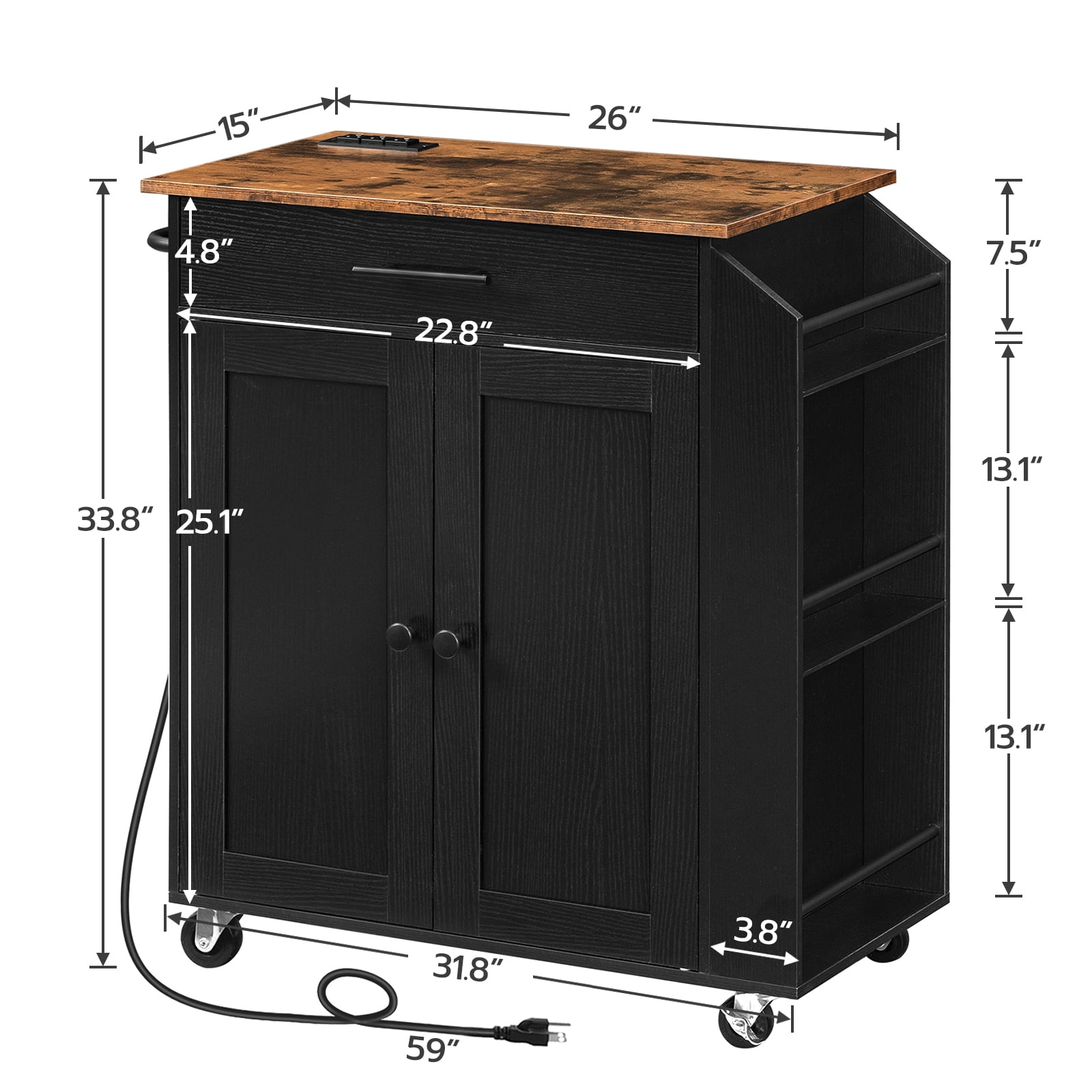 HOOBRO Kitchen Island with Power Outlet, Storage Island with Spice Rack and Drawer, Rolling Kitchen Cart on Wheels, for Home, Dining Room, Rustic Brown and Black BF82UZD01G1