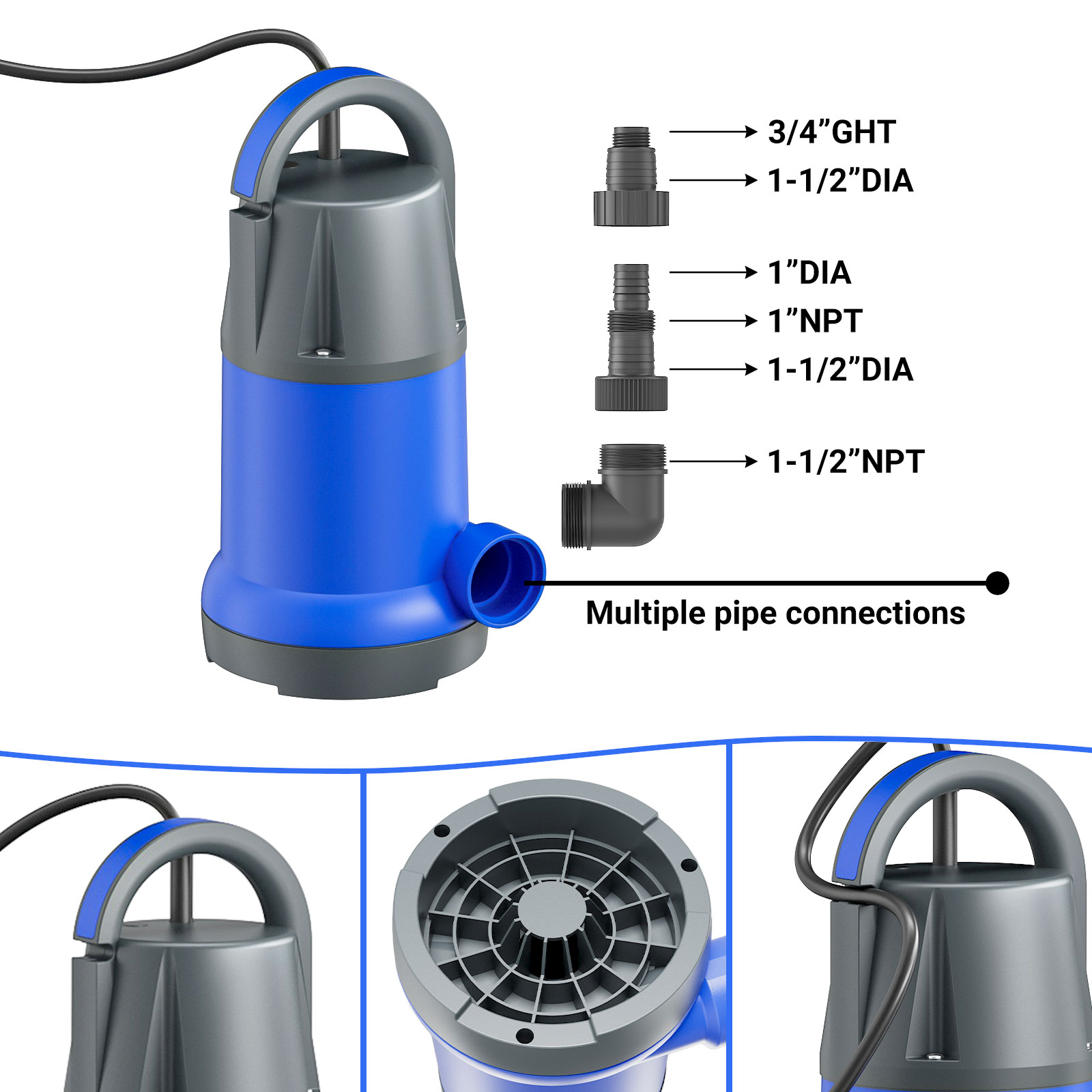 Sump Pump Submersible Water Pump 1HP 3700GPH Portable Electric Utility Pumps for Pool Draining Hot Tub Basement