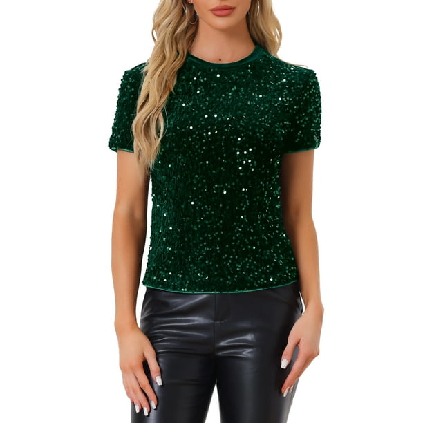 INSPIRAR CHIC Blusa de Cuello Redondo de Terciopelo con Lentejuelas para Mujeres, Manga Corta, Ropa de Fiesta y Club, Talla M, Verde Oscuro