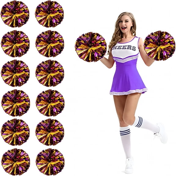 BESTSKY 12Pcs Cheerleading Pom Poms with Finger Holes Metallic Foil Cheer Pom Poms for Dance, Matches, Team Spirit Sports, Stage Performance, Carnival Celebration (Purple Gold, Medium)