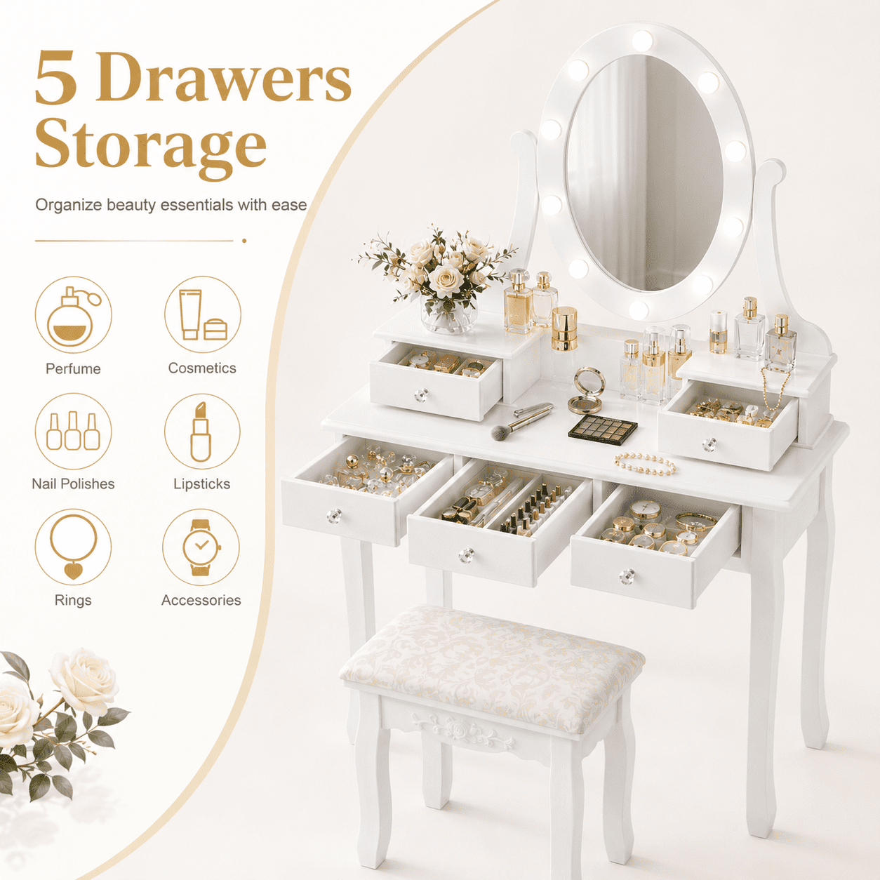 Ktaxon Vanity Table 10 LED Lights, 5 Drawers Makeup Dressing Desk with Cushioned Stool Set,Bedroom Vanities Set White