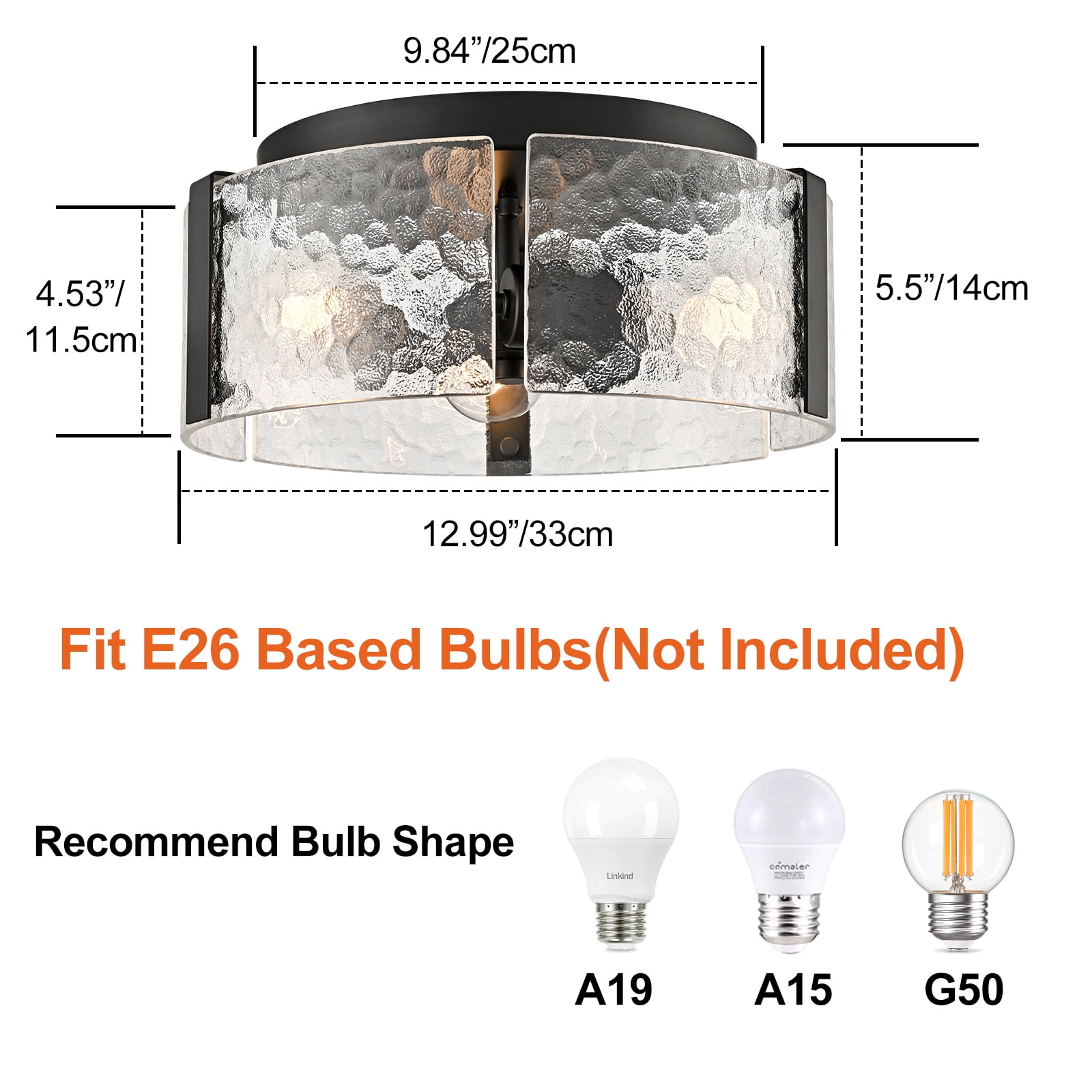 Farmhouse Ceiling Light Fixture 3-Light Black Ceiling Light with Textured Glass Drum Shade