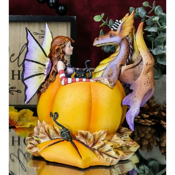 Amy Brown Halloween Fairy Black Cats And Dragon In Pumpkin Fall Leaves Figurine