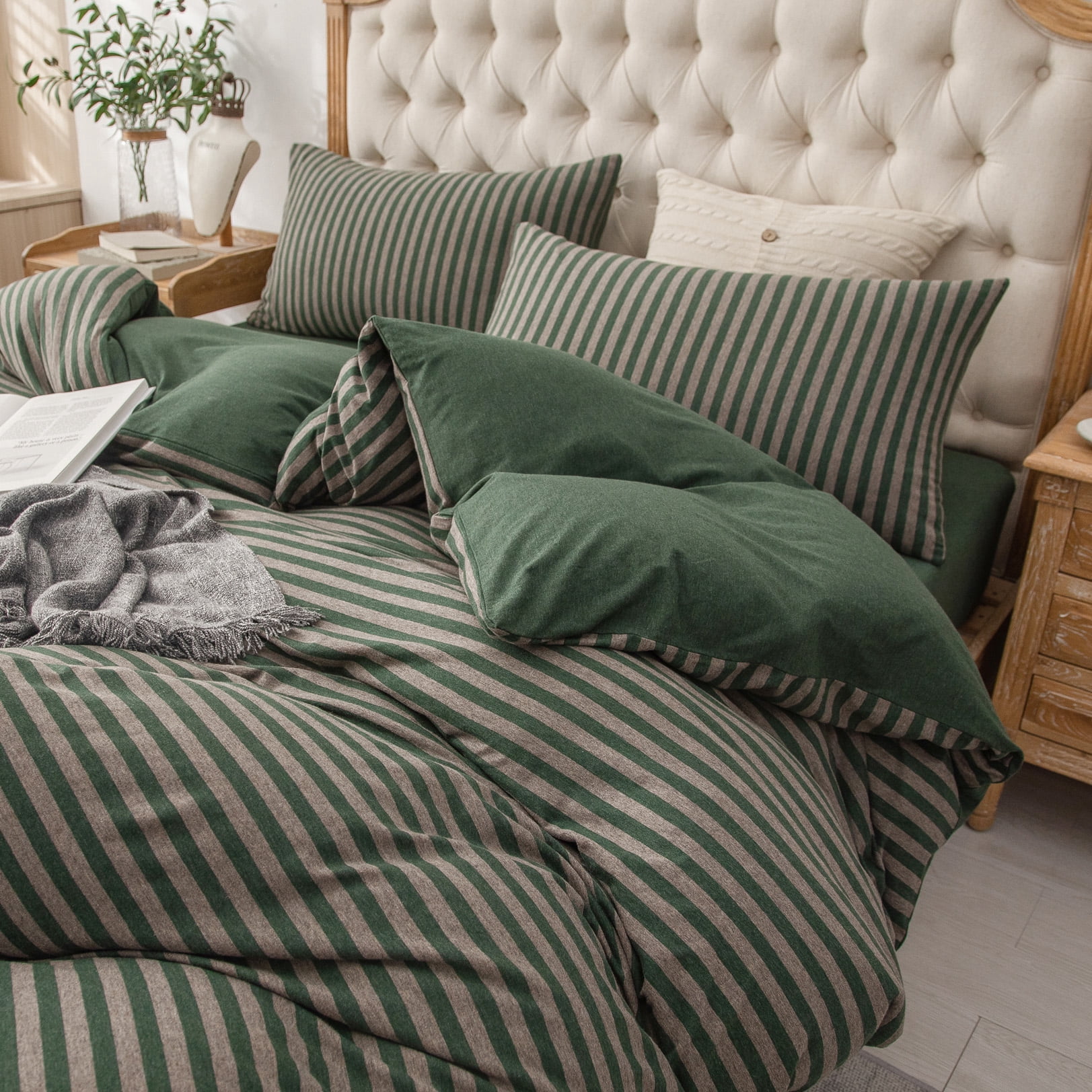 PURE ERA Jersey Knit Solid Duvet Cover Set 100% T-Shirt Cotton Ultra Soft 3Piece Bedding Set(Full Size, Green Stripe)