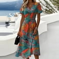 thumbnail image 2 of Women's V Neck Short Sleeve Dress Floral Print A Line Midi Casual Summer Outfit Flowy Lightweight Party Wear Vacation Boho Chic Paisley Abstract Saffron XXXL, 2 of 6