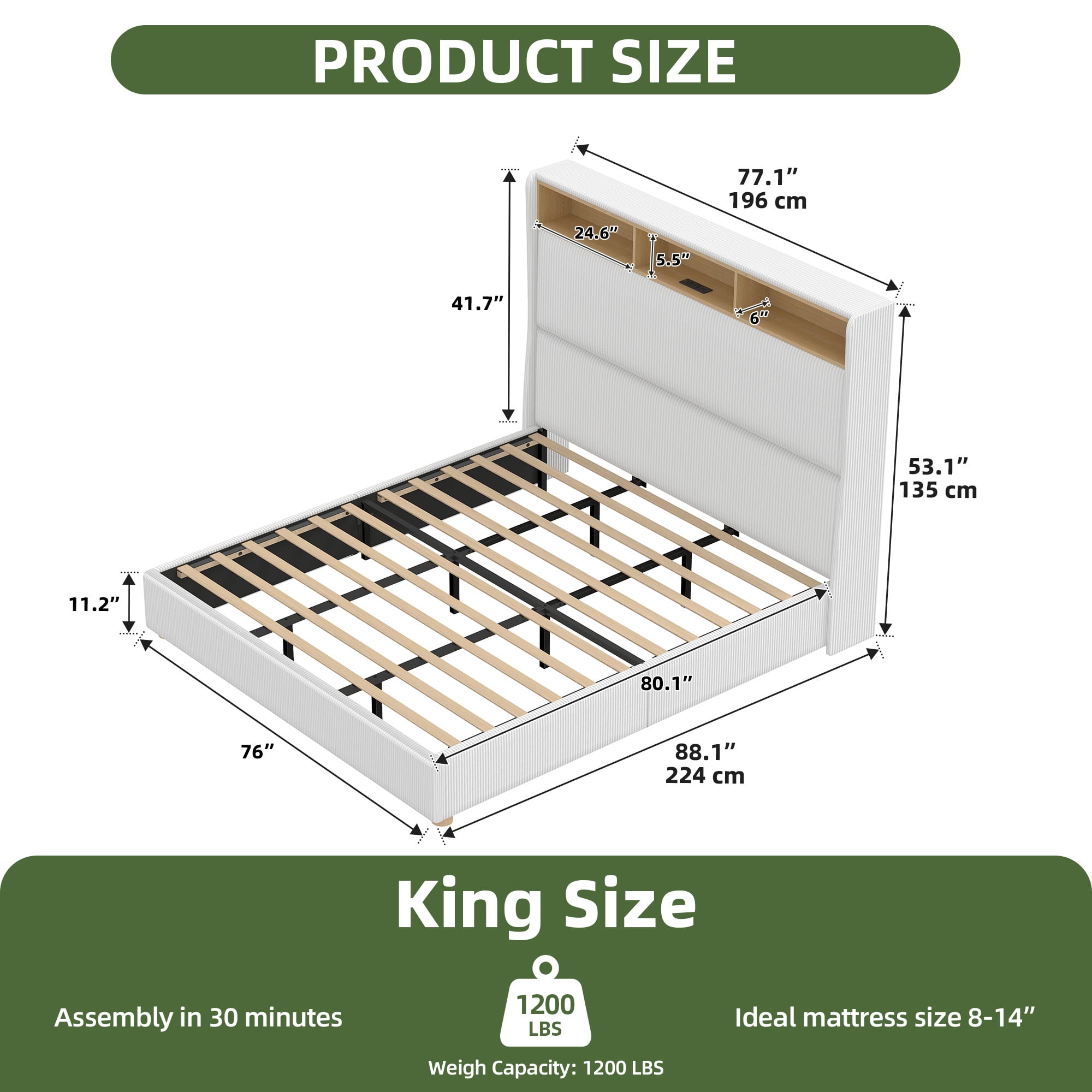 Uforic Upholstered Bed Frame with Tall Headboard & LED Lights, King Size, White