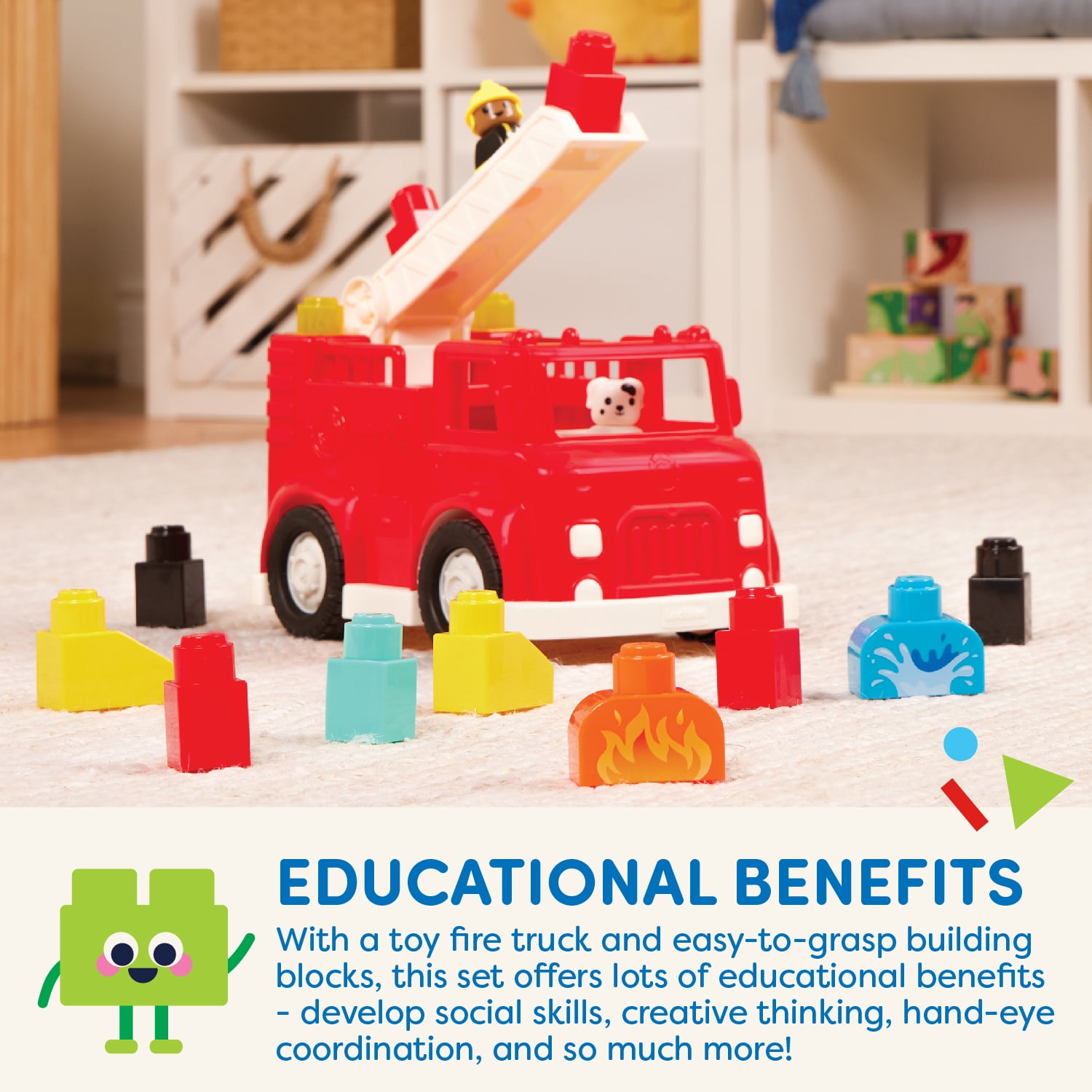Battat Fire Engine Red Toy Truck with 13 Blocks and 2 Figurines, Toddler and Preschool Toys