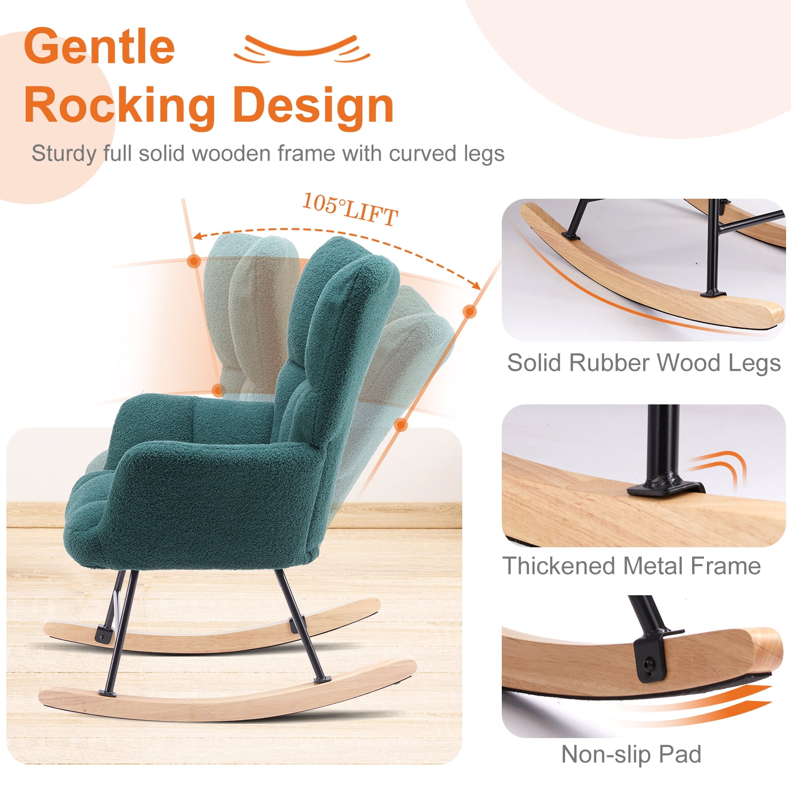 EDX Modern Rocking Chair, Teddy Upholstered Glider Rocker with High Backrest and Armrests for Living Room & Bedroom, Green