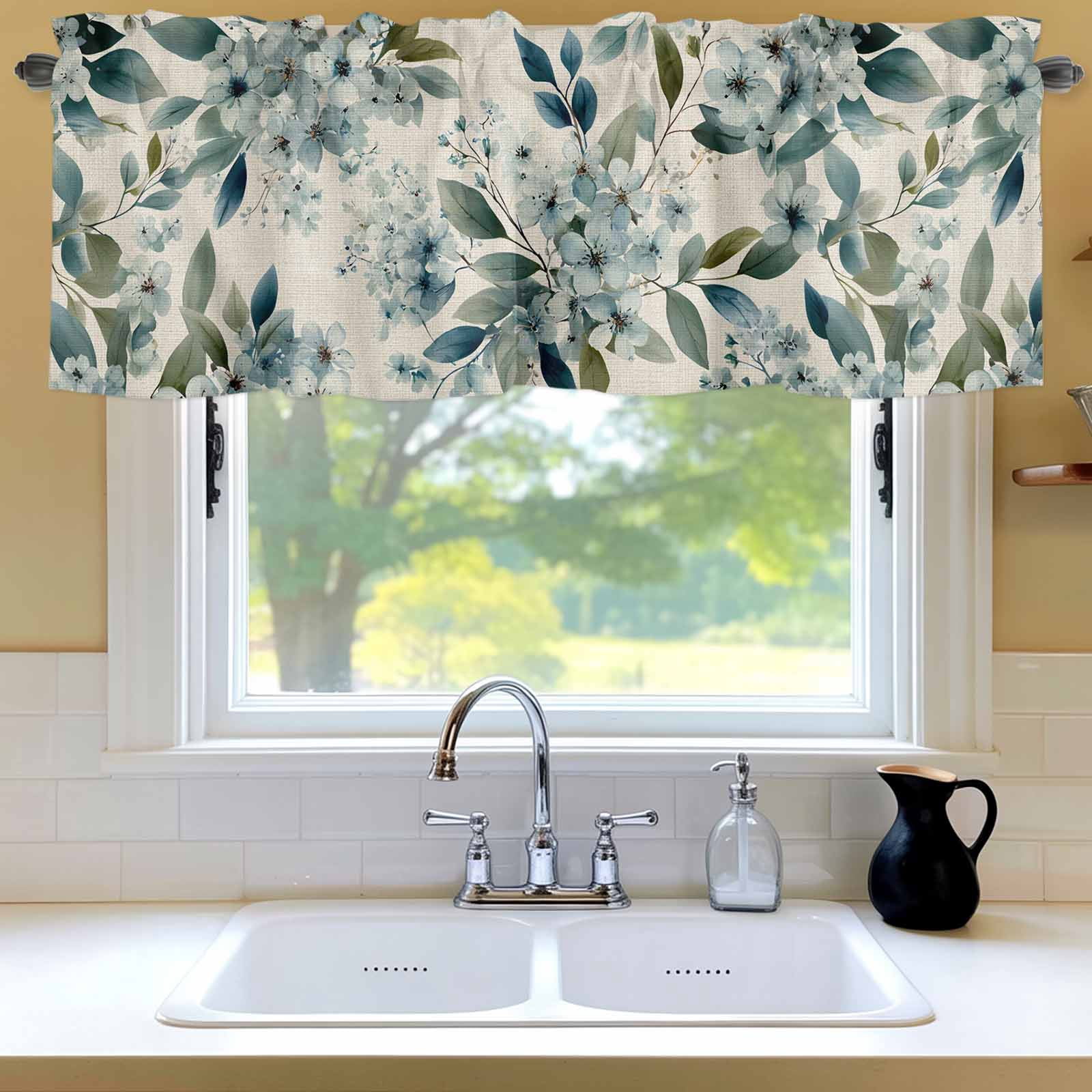 Blue Flower Window Valance for Kitchen, Watercolor Spring Blue Floral Green Leaf Botanical Linen Texture Rod Pocket Short Curtain for Small Windows, Light Filtering Decorative Valance, 60 x 18 Inch