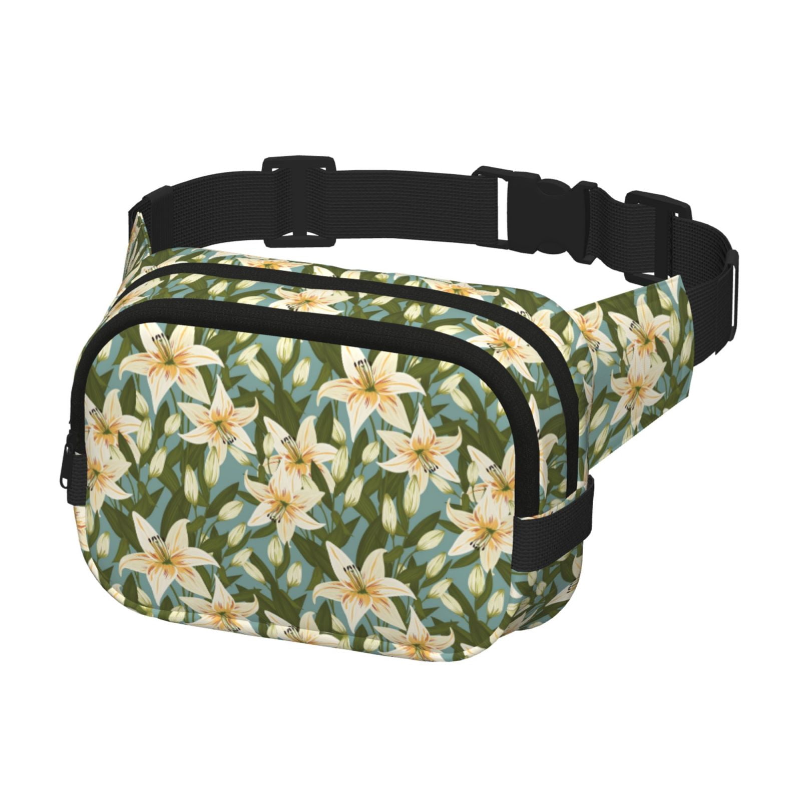 Picia Lilies Flowers Print Square Double-Layer Waist Bag Mini Adjustable Waist Belt Bag Exercise Running Travel Hiking