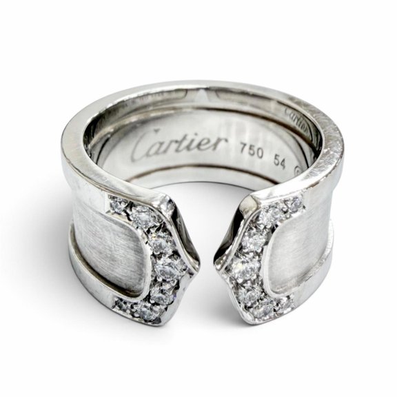 Pre-Owned Cartier 2C C de LM Wide Ring, White Gold 750 (WG), Size 54, Weight 12.8g, Women's Ring
