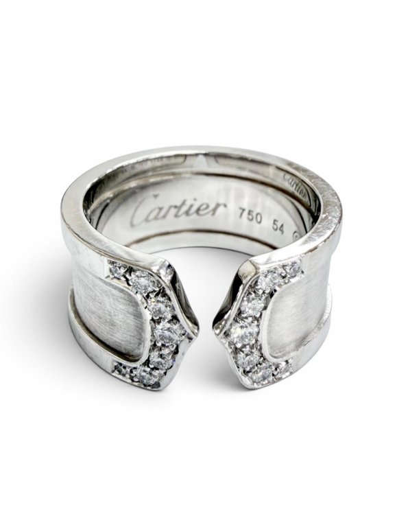 Pre-Owned Cartier 2C C de LM Wide Ring, White Gold 750 (WG), Size 54, Weight 12.8g, Women's Ring