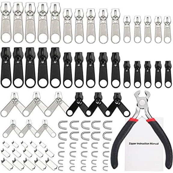 85 Pcs Zipper Repair Kit with Replacement Zipper and Pull Nylon Zippers Slider Universal Zippers Repair Kit with Instruction Manual Install Plier for Luggage Jacket Coat Jean Black and Silver