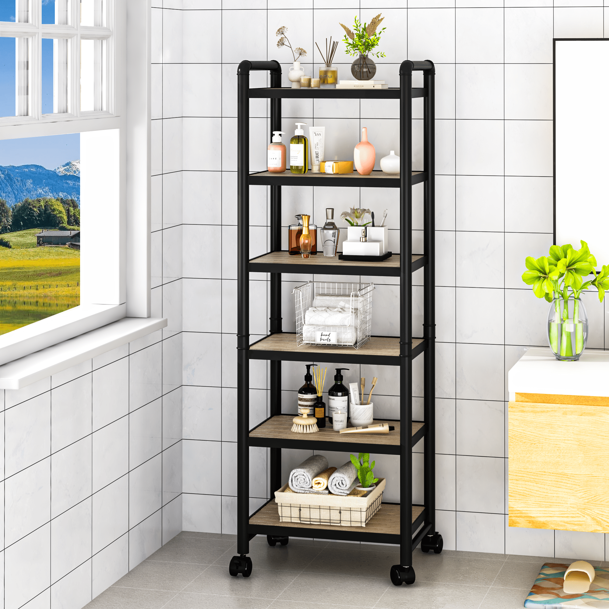 Baxluxe Adjustable 6-Tier Storage Shelves with Wheels, Narrow Tall Bathroom Shelves, Metal Frame Organizer Shelf with Wood Shelves for Kitchen, Garage, 12"Lx16"Wx63" H