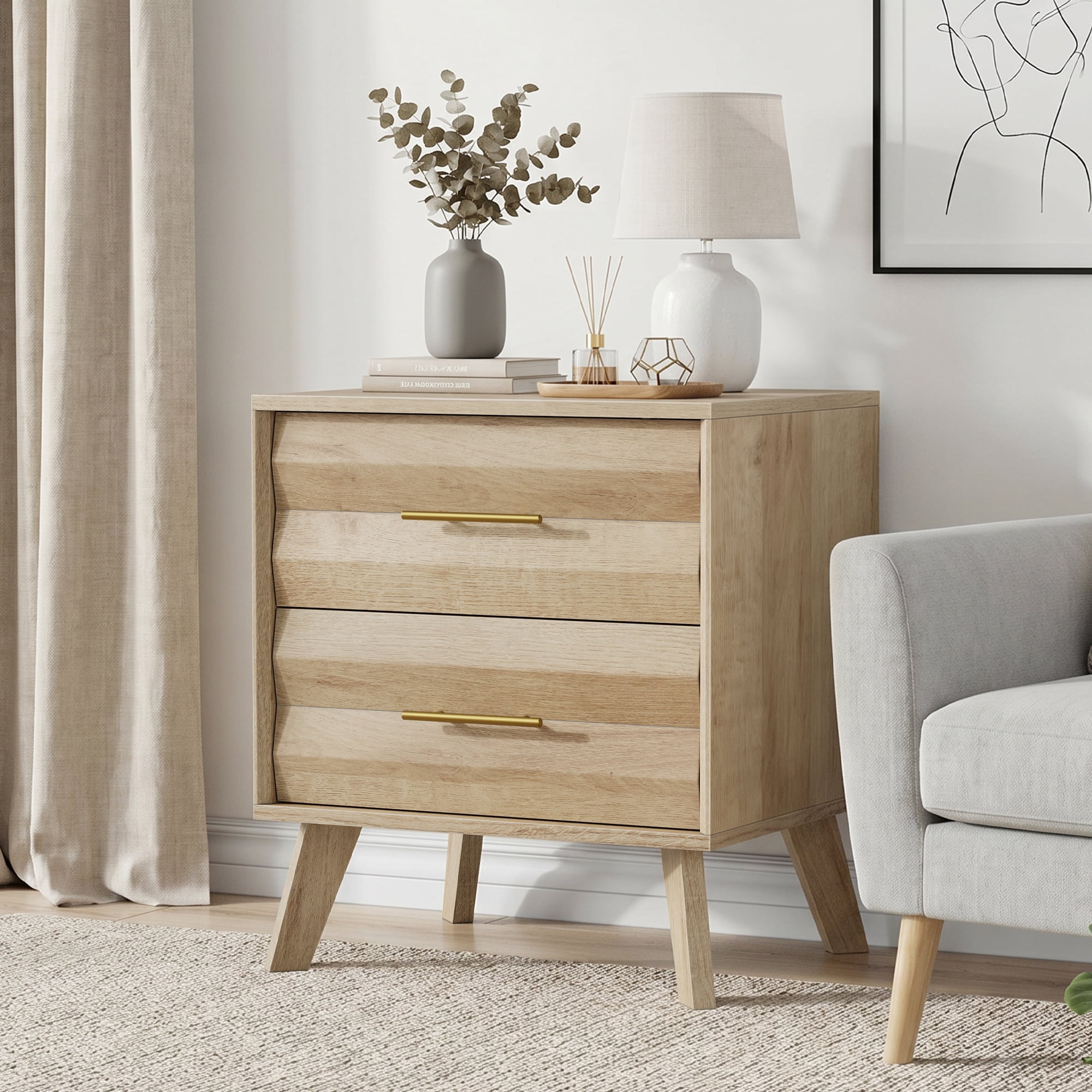 Double Drawer Bedside Table, Medieval-Style Modern Bedroom Bedside Storage Cabinet, Bedside Table With Metal Handles, Single Unit