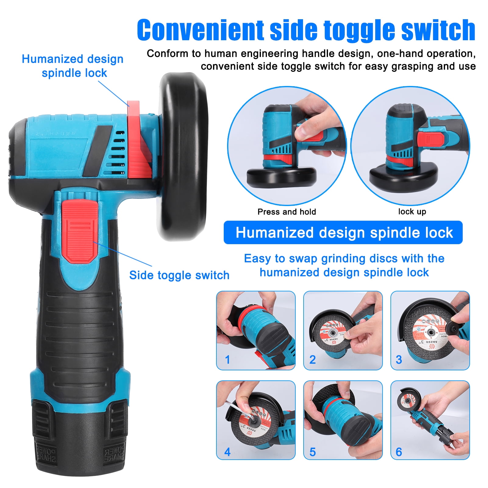 Electric Angle Grinder 19500rpm Angle Grinder, Brushless Motor, High Speed Low Noise Handheld Electric Cutter for Cutting Polishing Wood Stone Steel with Spindle Lock design, Vent Holes